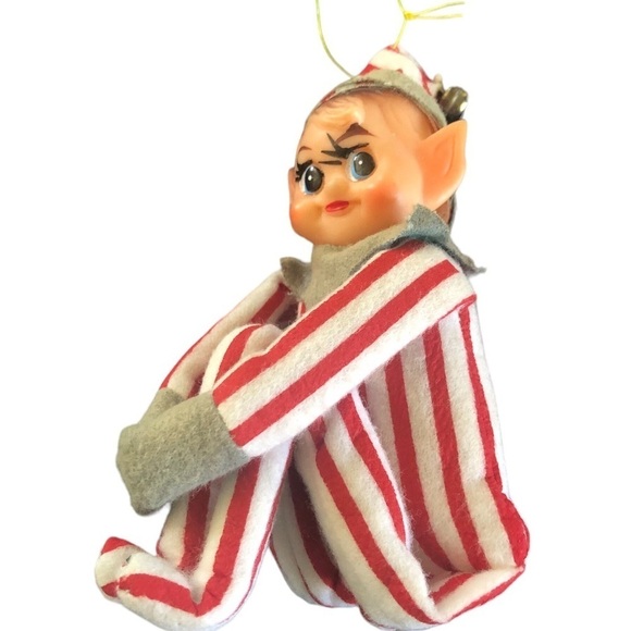 VTG 60’s Pixie Sitting Elf Striped Suit Hat Bell Big Pointy Ears Ornament Japan - Picture 7 of 7